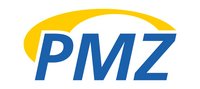 Logo von PMZ mit blau-gelbem Schriftzug und geschwungenem Bogen 